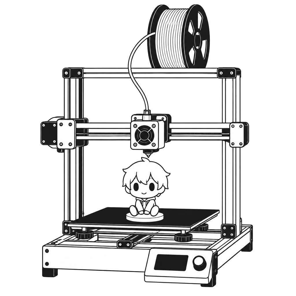 Line drawing of a 3D printer printing a small figurine