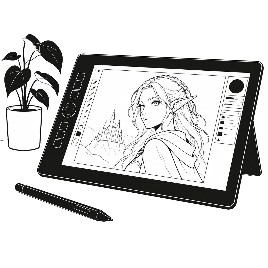 Line drawing of a drawing tablet with a character sketch