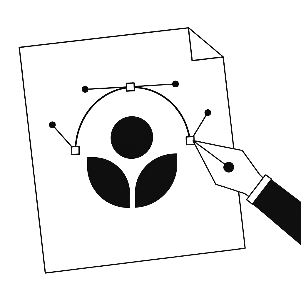 Line drawing of a pen tool shaping a logo with bezier handles