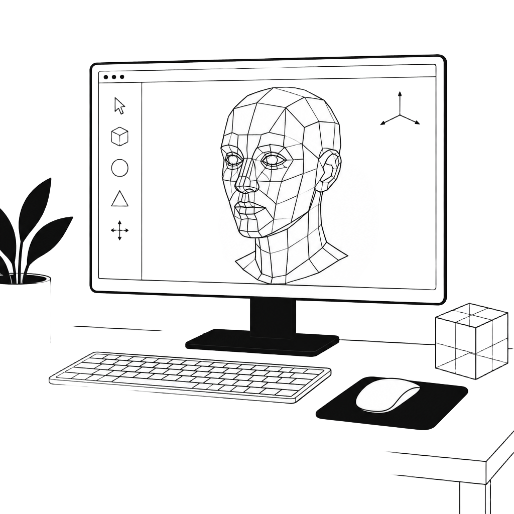 Line drawing of a monitor showing a wireframe 3D head